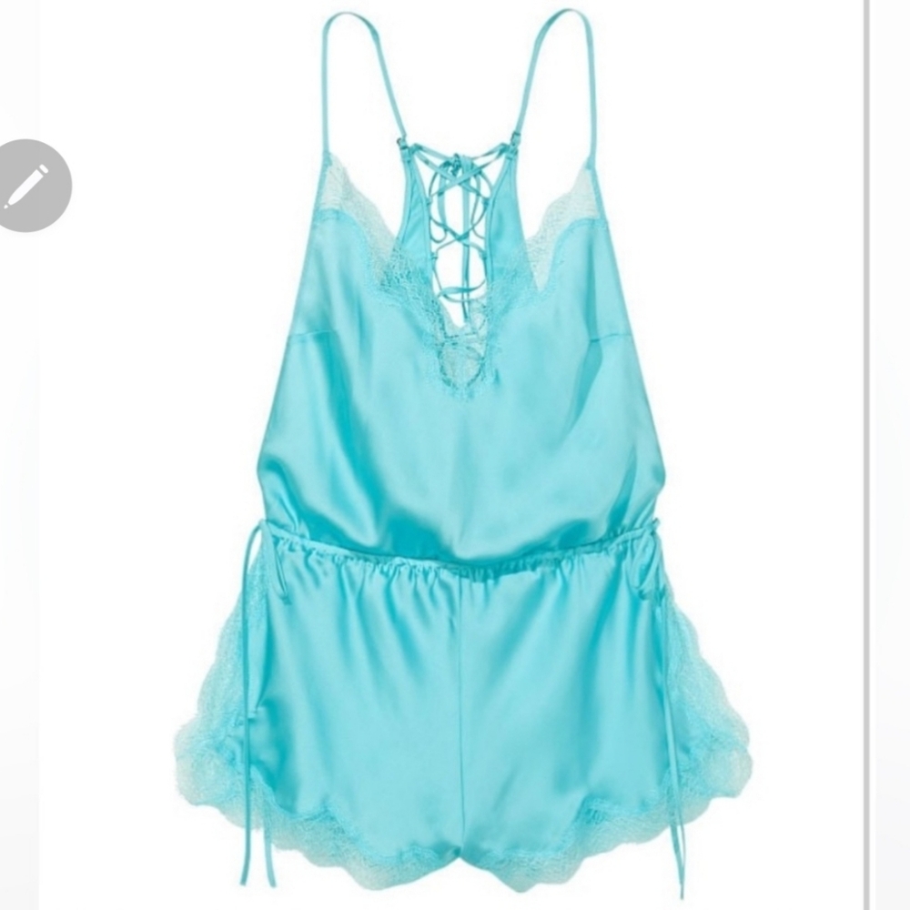 Victoria secret sexy satin romper size Small skirted slip with ruffles